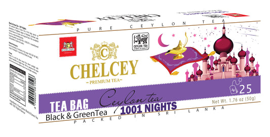 CHELCEY Premium Ceylon Black & Green Tea 1001 Nights, Naturally Flavored Tea Bags (Pack of 3 wrapped with care), 75 Total, Flavorful, Robust, Caffeinated Teas