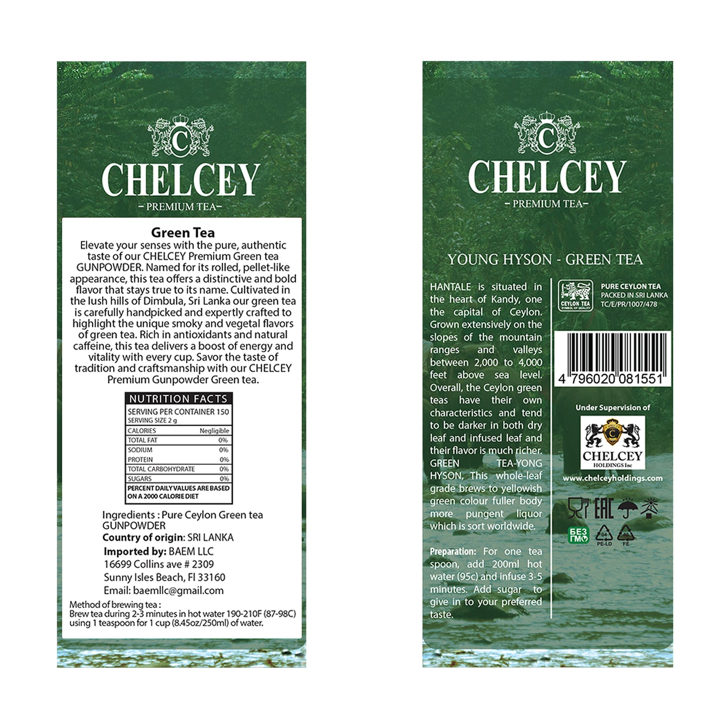 CHELCEY Premium Ceylon Green Tea GUNPOWDER, Loose Leaf, 10.6 oz, High Quality Grade, Caffeinated  Teas