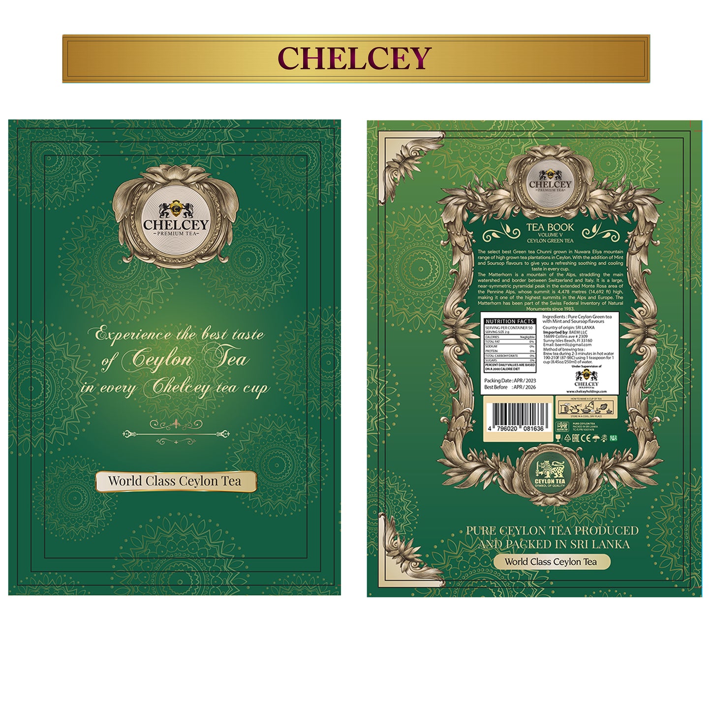 CHELCEY Gift tea set | TEA BOOK Volume V | Premium Ceylon Green tea FBOP with Mint & Soursop | Loose-Leaf | 3.5oz | Gift tins