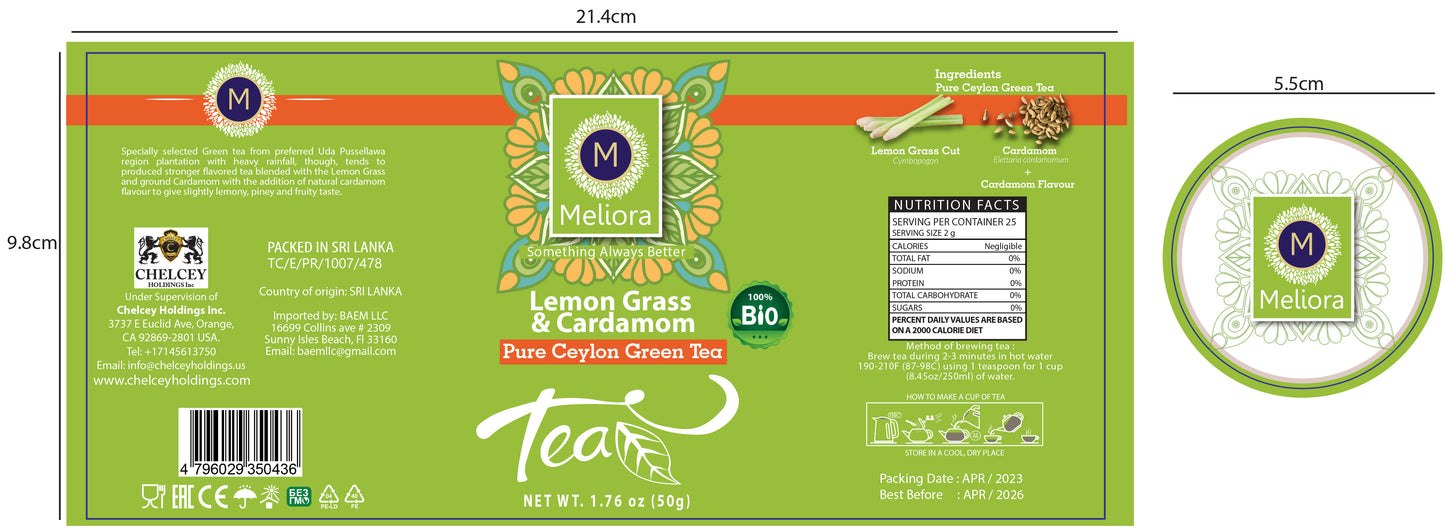 MELIORA Premium Ceylon LEMON GRASS and CARDAMON TEA