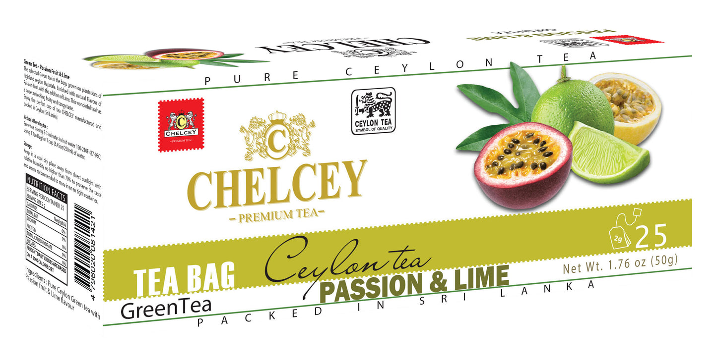 CHELCEY Premium Ceylon Green Tea Passion & Lime, Tea Bags-75 Count (Pack of 3 wrapped), Caffeinated Teas