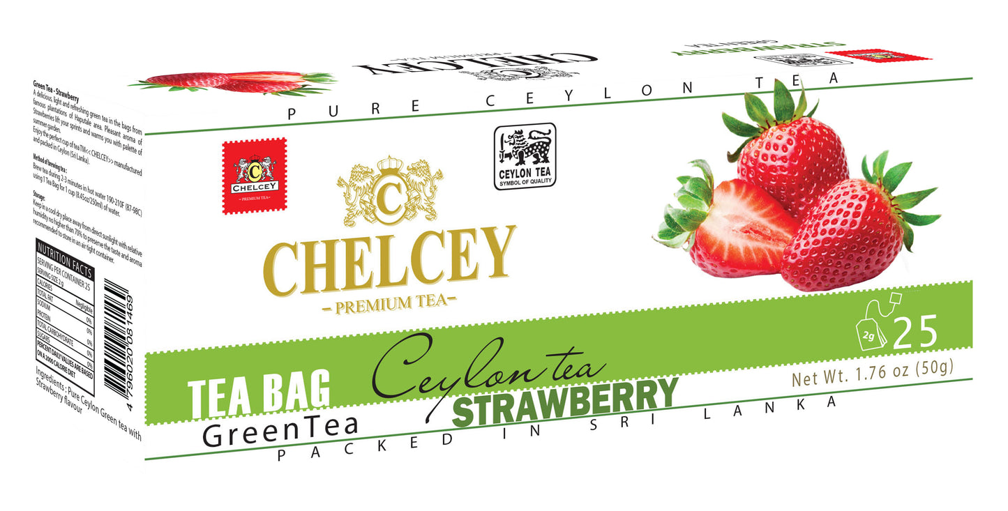 CHELCEY Premium Ceylon Green Tea Strawberry, Naturally flavored Tea Bags, 75 count (Pack of 3 wrapped), Flavorful, Robust, Caffeinated Teas